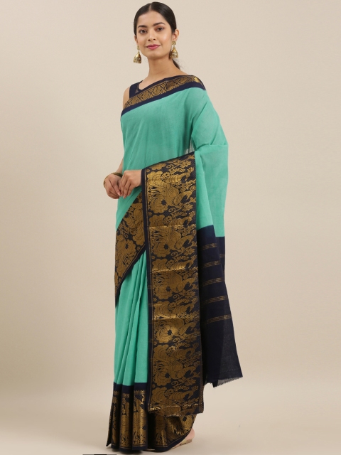 

The Chennai Silks Classicate Sea Green & Navy Blue Pure Cotton Solid Sungudi Saree
