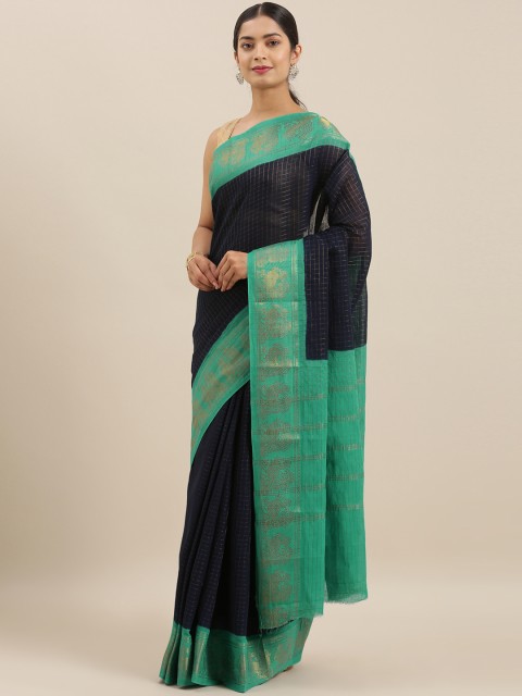 

The Chennai Silks Navy Blue & Beige Pure Cotton Checked Sungudi Saree