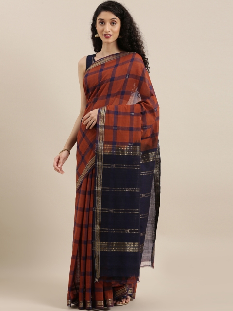 

The Chennai Silks Brown & Navy Blue Pure Cotton Checked Saree