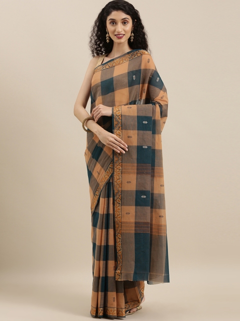 

The Chennai Silks Peach-Coloured & Teal Pure Cotton Checked Chettinad Saree
