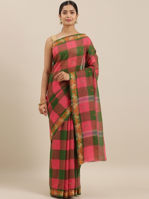

The Chennai Silks Classicate Pink & Green Pure Cotton Checked Chettinad Saree