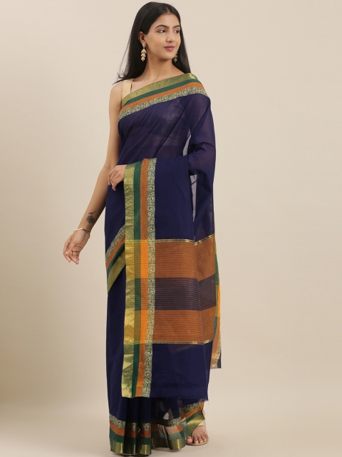 

The Chennai Silks Classicate Navy Blue & Brown Pure Cotton Solid Chettinad Saree