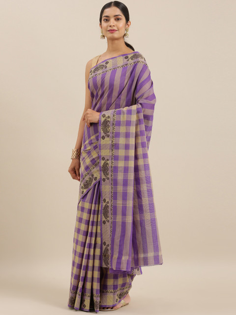 

The Chennai Silks Purple & Beige Pure Cotton Checked Chettinad Saree