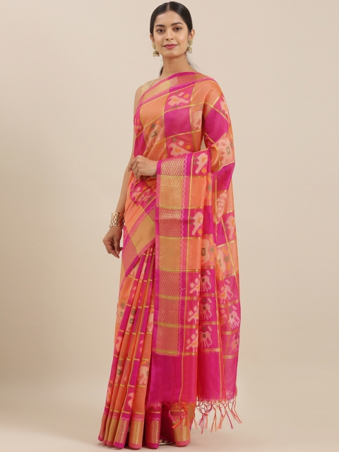 

The Chennai Silks Classicate Pink & Orange Organza Checked Saree