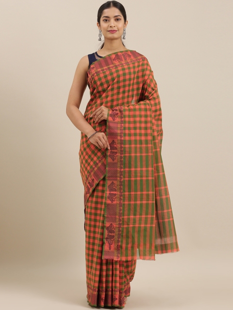 

The Chennai Silks Green & Pink Pure Cotton Checked Chettinad Saree