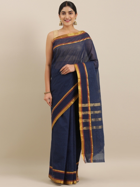 

The Chennai Silks Navy Blue Pure Cotton Striped Chettinad Saree