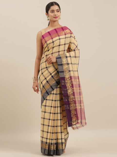 

The Chennai Silks Beige & Black Pure Cotton Checked Gadwal Saree