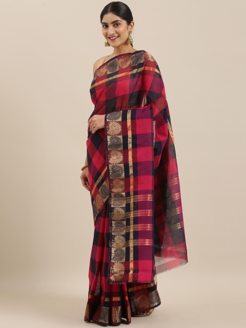 

The Chennai Silks Red & Navy Blue Pure Cotton Checked Narayan Peth Saree