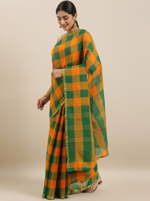 

The Chennai Silks Orange & Green Pure Cotton Checked Chettinad Saree