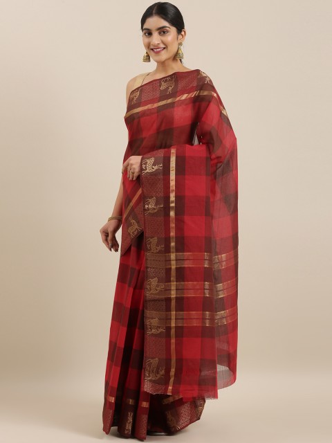 

The Chennai Silks Red & Brown Pure Cotton Checked Gadwal Saree