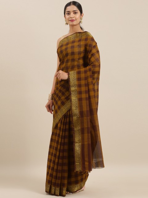 

The Chennai Silks Brown Pure Cotton Checked Gadwal Saree