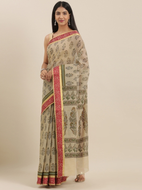 

The Chennai Silks Beige & Olive Green Pure Cotton Printed Saree