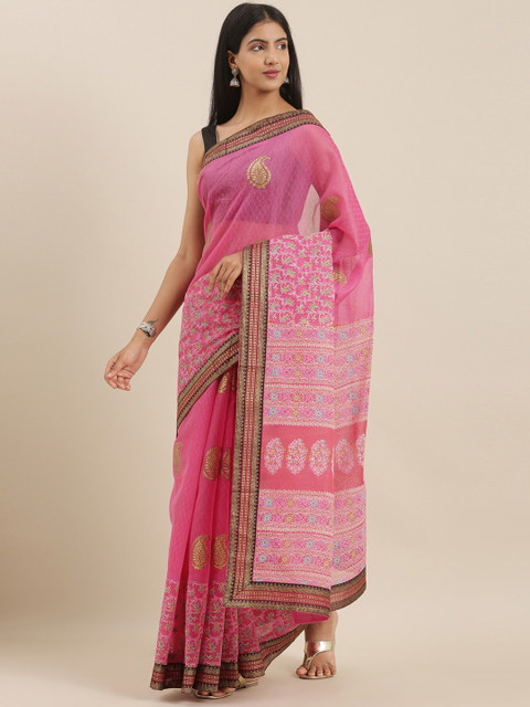 

The Chennai Silks Pink & Gold-Toned Pure Cotton Printed Saree