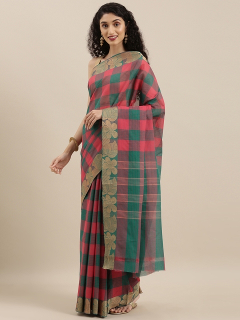

The Chennai Silks Pink & Teal Green Pure Cotton Checked Chettinad Saree