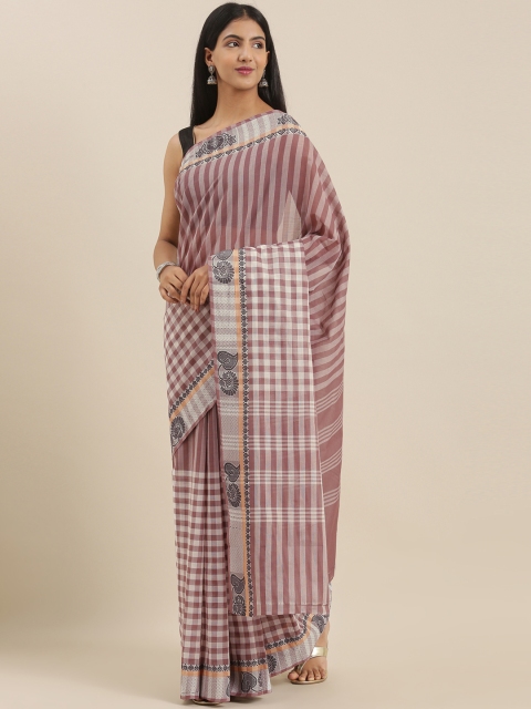 

The Chennai Silks Maroon & Off-White Pure Cotton Striped Chettinad Saree