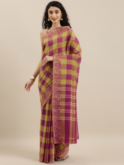 

The Chennai Silks Lime Green & Magenta Pink Pure Cotton Checked Chettinad Saree