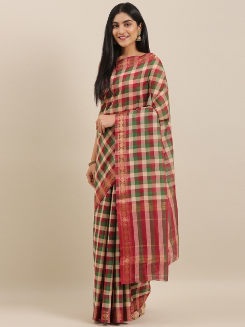

The Chennai Silks Off-White & Maroon Pure Cotton Checked Chettinad Saree