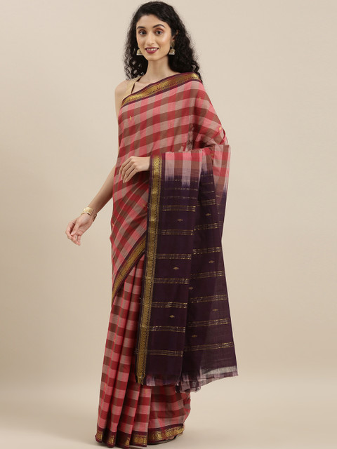 

The Chennai Silks Classicate Red & Brown Pure Cotton Checked Saree