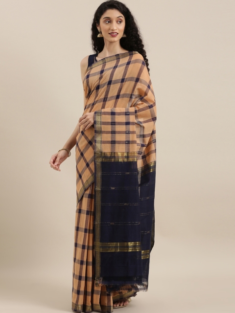 

The Chennai Silks Classicate Brown & Navy Blue Pure Cotton Checked Saree