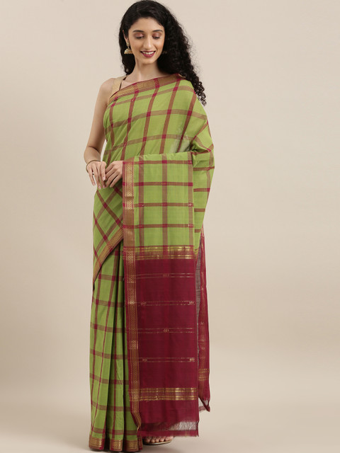 

The Chennai Silks Green & Maroon Pure Cotton Checked Saree