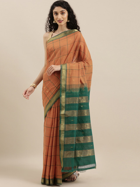 

The Chennai Silks Brown & Green Pure Cotton Checked Saree