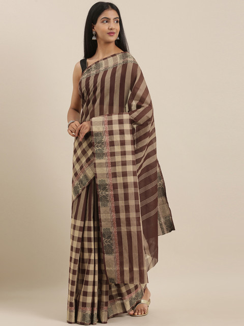 

The Chennai Silks Brown & Beige Pure Cotton Striped Chettinad Saree