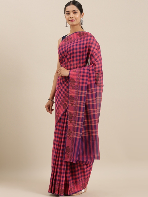 

The Chennai Silks Classicate Pink & Navy Blue Pure Cotton Checked Chettinad Saree