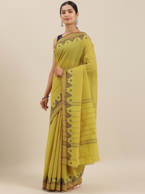 

The Chennai Silks Lime Green & Black Pure Cotton Checked Chettinad Saree