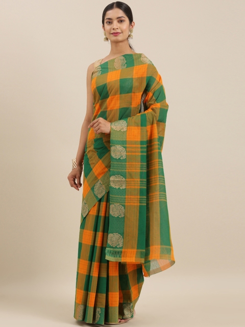 

The Chennai Silks Orange & Green Pure Cotton Checked Chettinad Saree