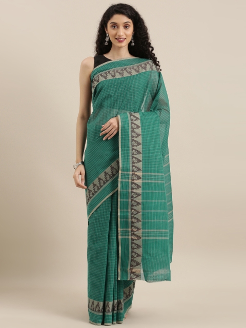 

The Chennai Silks Teal Green & Grey Pure Cotton Checked Chettinad Saree