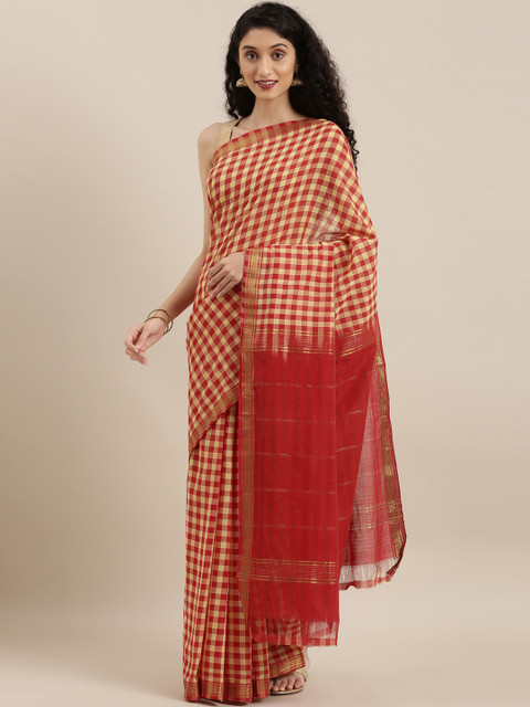 

The Chennai Silks Red & Cream-Coloured Pure Andhra Cotton Checked Saree