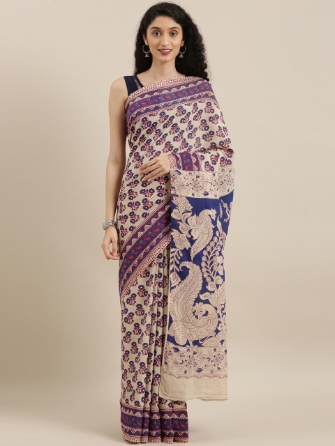 

The Chennai Silks Classicate Beige & Navy Blue Pure Cotton Kalamkari Printed Saree