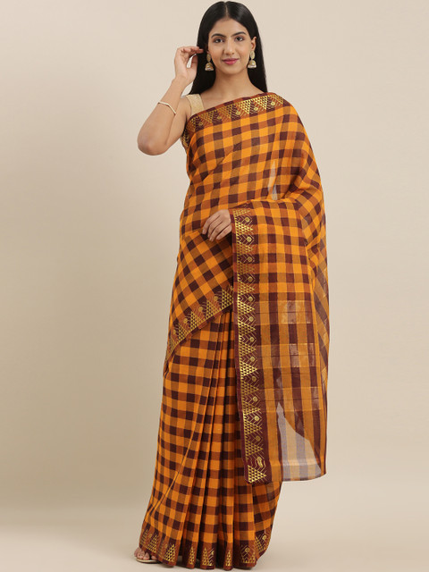 

The Chennai Silks Brown & Orange Pure Cotton Checked Gadwal Saree
