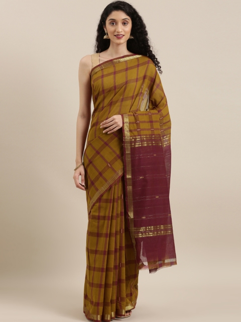 

The Chennai Silks Olive Green & Burgundy Pure Cotton Checked Saree