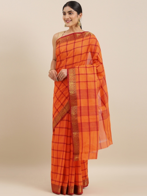 

The Chennai Silks Orange & Red Pure Cotton Checked Semi Gadwal Saree