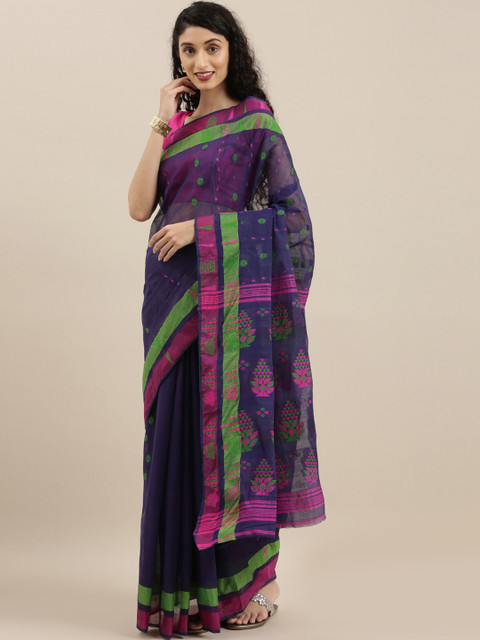 

The Chennai Silks Navy Blue & Pink Pure Cotton Woven Design Jamdani Saree