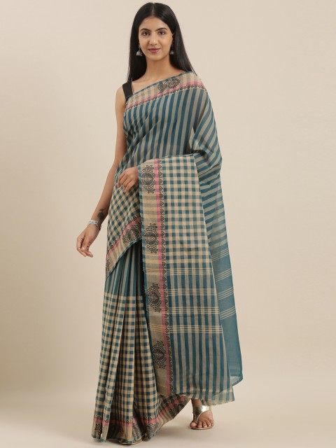 

The Chennai Silks Classicate Teal Blue & Beige Pure Cotton Checked Chettinad Saree