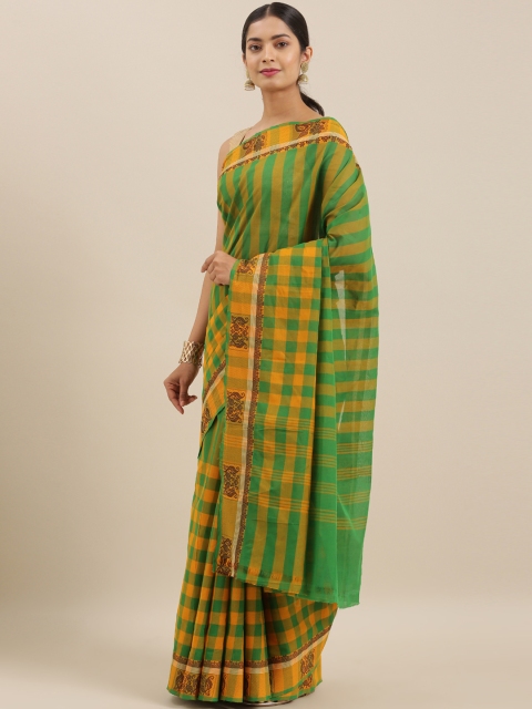 

The Chennai Silks Mustard & Green Pure Cotton Checked Chettinad Saree