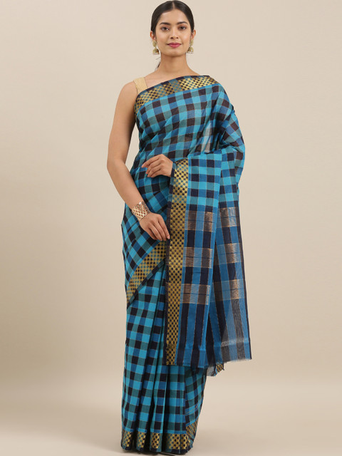 

The Chennai Silks Blue & Black Pure Cotton Checked Gadwal Saree
