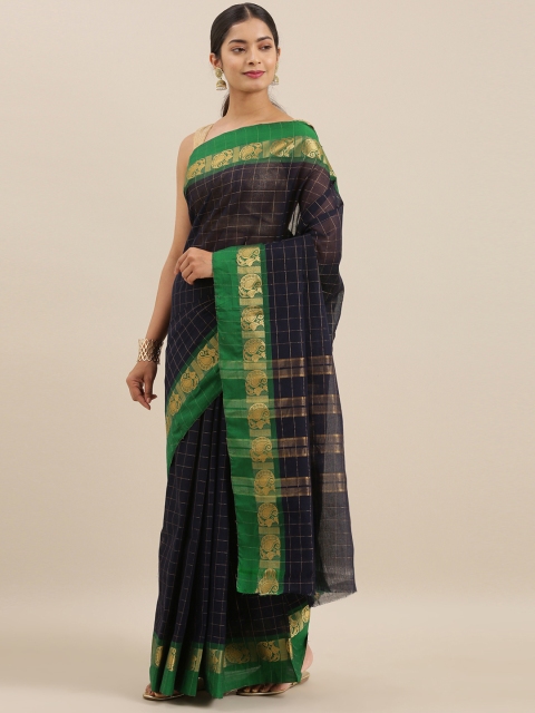 

The Chennai Silks Navy Blue & Green Pure Cotton Checked Gadwal Saree