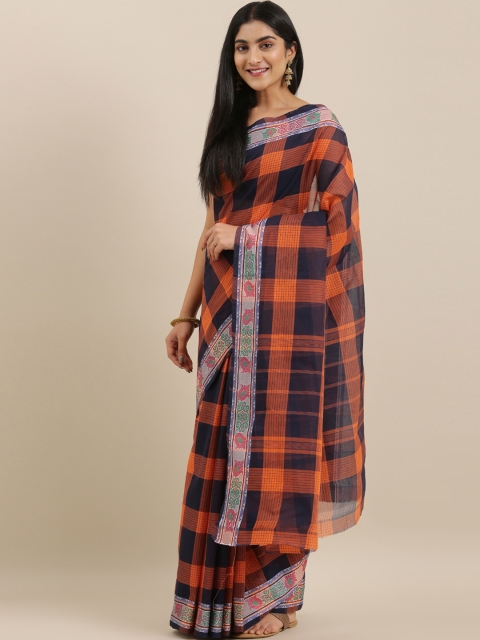 

The Chennai Silks Classicate Navy Blue & Brown Pure Cotton Checked Chettinad Saree