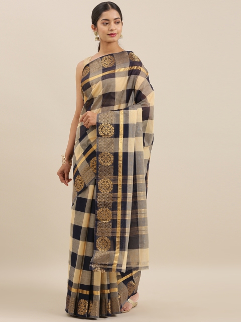 

The Chennai Silks Classicate Beige & Black Pure Cotton Checked Gadwal Saree