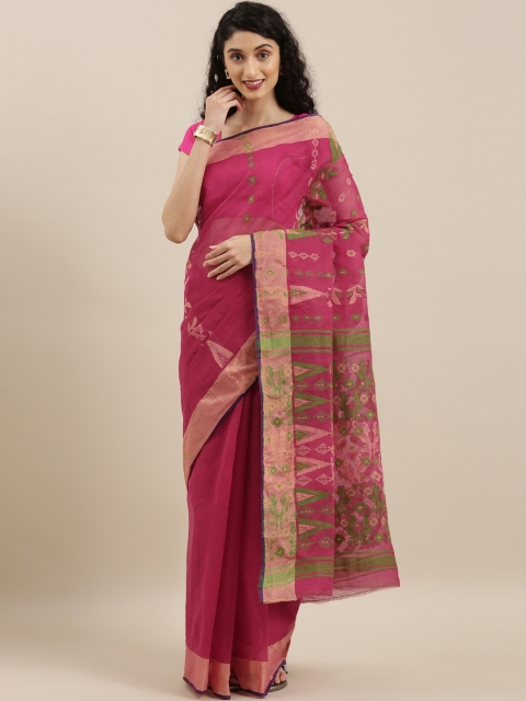 

The Chennai Silks Pink & Green Pure Cotton Woven Design Jamdani Saree