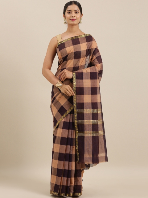 

The Chennai Silks Burgundy & Peach-Coloured Pure Cotton Checked Chettinad Saree