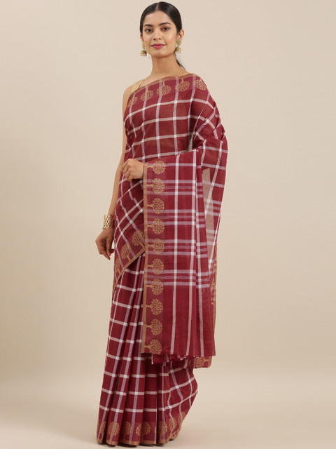

The Chennai Silks Burgundy & Off-White Pure Cotton Checked Chettinad Saree