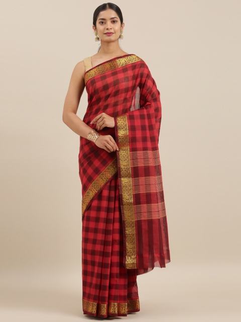 

The Chennai Silks Red & Black Pure Cotton Checked Gadwal Saree