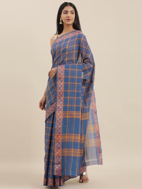 

The Chennai Silks Blue & Orange Pure Cotton Checked Chettinad Saree