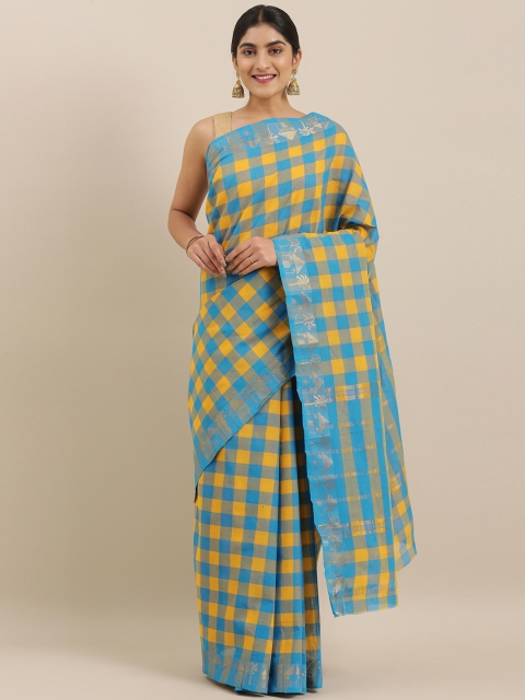 

The Chennai Silks Mustard & Blue Pure Cotton Checked Chettinad Saree