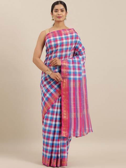 

The Chennai Silks Blue & Pink Pure Cotton Checked Chettinad Saree