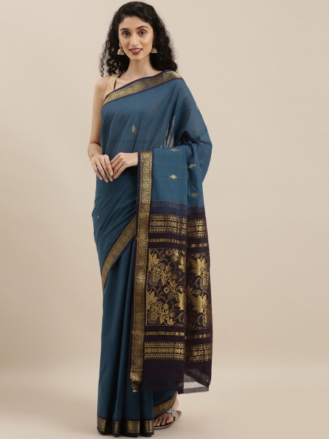 

The Chennai Silks Classicate Blue & Gold-Toned Pure Cotton Woven Design Saree